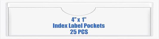 Origin-Joy 25 PCS Self-Adhesive Index Label Pockets, Clear Plastic Peel & Stick Card Holders with Top Open for Loading (4 x 1 inch)