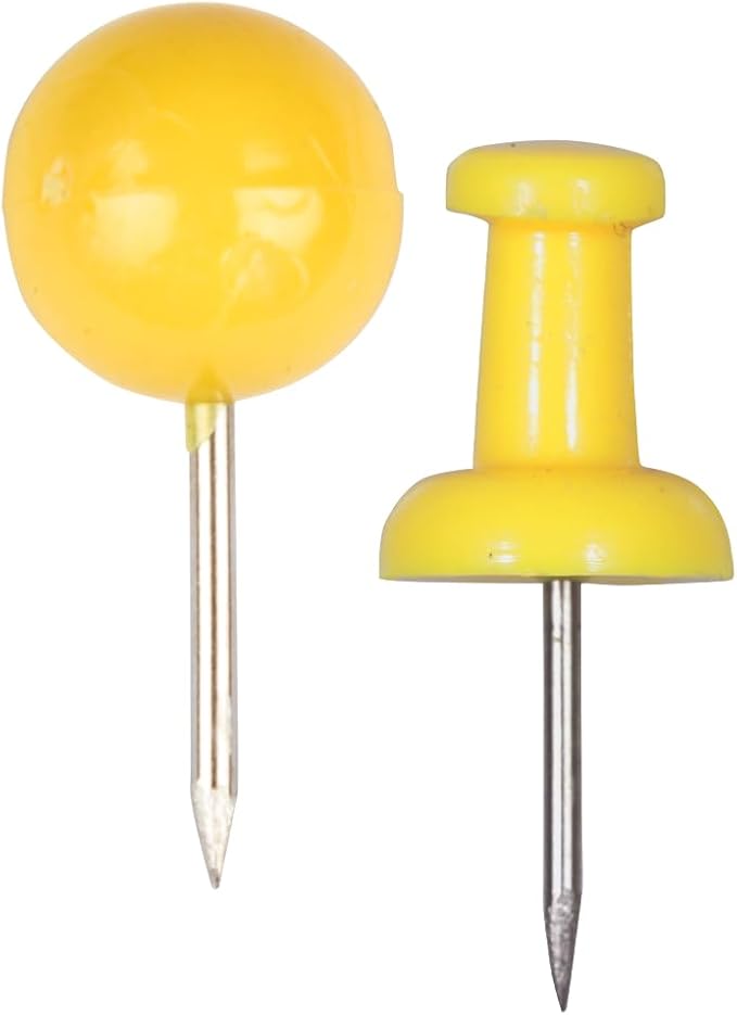 JAM PAPER Colorful Push Pins - Flat & Round Head Thumb Tack Combo Set - Yellow Pushpins - 200/Pack