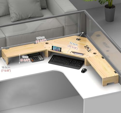Large Corner Monitor Stand, Solid Wood Desk Organizer with Cable Management, Easy Assembly, Ideal for Office Supplies & Displays, Unfinished Wood, 11cm Height, Perfect for Home Office
