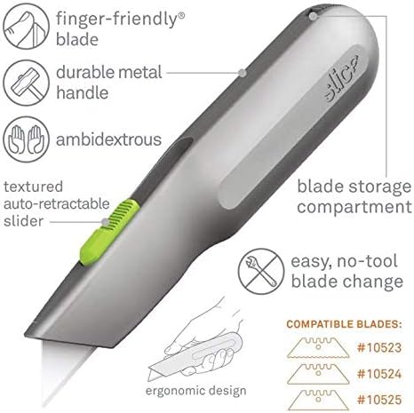 Slice 10491 Metal-Handle Utility Knife, Finger Friendly Ceramic Blade, Auto Retracts for Safety, Heavy Metal Handle, Comfortable Grip, Stores Extra Blade, Ambidextrous, Easy Blade Change - 6 Pack
