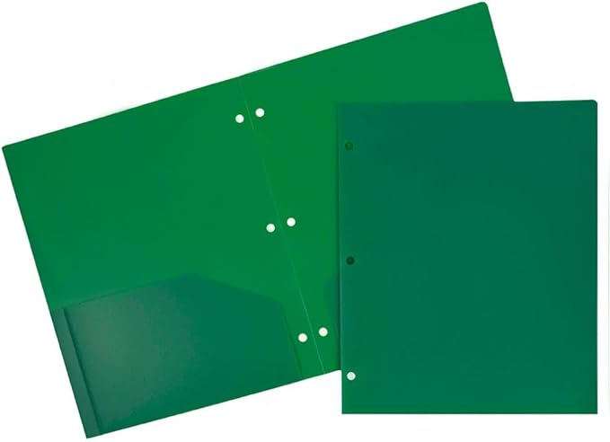 JAM PAPER Heavy Duty Plastic 3 Hole Punch Pocket Folders - Extra Tough School Folders - Green - 3/Pack