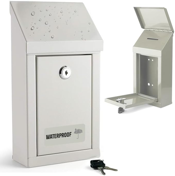 Metal Donation Box-Suggestion Box with Slot and lock-Cash Lock box for Money-Drop Box-Outdoor Waterproof Mailbox and ballot box-comes with pre-drilled holes for easy wall mounting 10 X 6 X 2.5"(White)