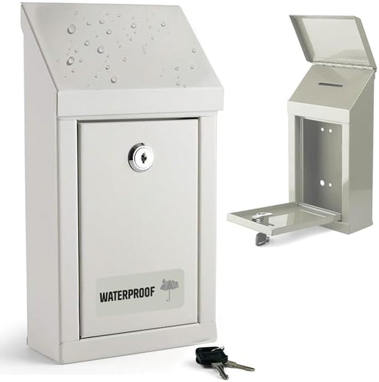 Metal Donation Box-Suggestion Box with Slot and lock-Cash Lock box for Money-Drop Box-Outdoor Waterproof Mailbox and ballot box-comes with pre-drilled holes for easy wall mounting 10 X 6 X 2.5"(White)