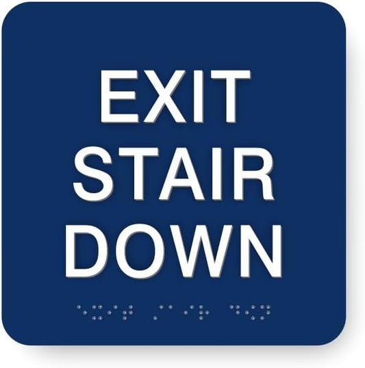 ADA EXIT STAIR DOWN braille sign, 6” x 6”, ADA Compliant Stair Exit Identification Sign for Building or Business, Many Colors Choices, Made in USA (Blueberry)