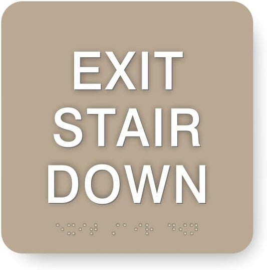 ADA EXIT STAIR DOWN braille sign, 6” x 6”, ADA Compliant Stair Exit Identification Sign for Building or Business, Many Colors Choices, Made in USA (Beige)