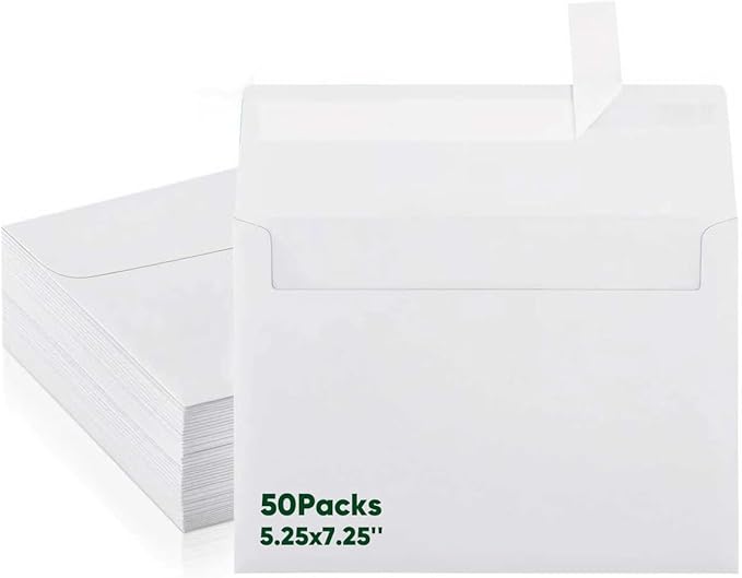 50 Packs 5x7 Envelopes, A7 Envelopes for Invitation, White Printable for Self-seal,Greeting Cards, Invitations, Photos, Weddings, Mailing