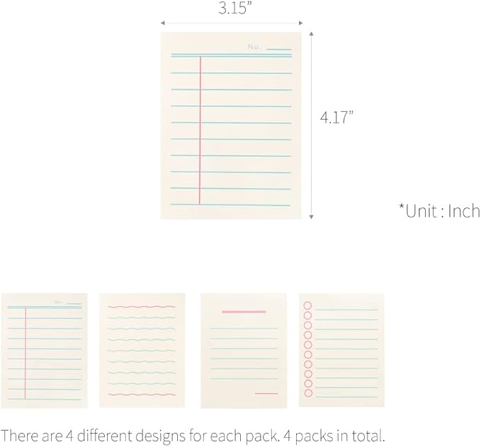 Monolike Memopad Boldline design SET - 4 Packs, 4 Different Designs, 100 Sheets Per Pad, Total 400 Sheets, Note pads, Writing pads, 3.15 x 4.17 Inches
