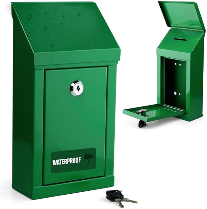 Metal Donation Box-Suggestion Box with Slot and lock-Cash Lock box for Money-Waterproof Drop Box-Comment and ballot voting box-comes with pre-drilled holes for easy wall mounting 10 X 6 X 2.5"(Green)