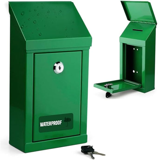 Metal Donation Box-Suggestion Box with Slot and lock-Cash Lock box for Money-Waterproof Drop Box-Comment and ballot voting box-comes with pre-drilled holes for easy wall mounting 10 X 6 X 2.5"(Green)