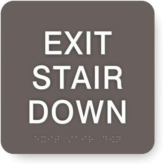 ADA EXIT STAIR DOWN braille sign, 6” x 6”, ADA Compliant Stair Exit Identification Sign for Building or Business, Many Colors Choices, Made in USA (Charcoal Grey)