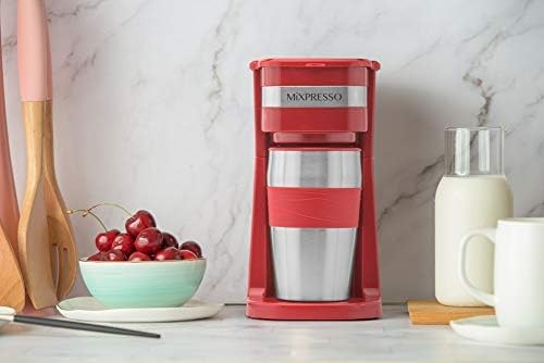 Mixpresso Red Personal Single Serve Coffee Maker with 14oz Travel Mug, Drip Small Coffee Maker with Auto Shut Off, Reusable Filter, Works with Ground Coffee Only – Not for K-Cup Pods