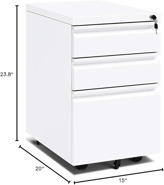 INTERGREAT 3 Drawer Filing Cabinet with Lock, White Mobile File Cabinet with Wheels, Rolling Small Metal Cabinets Under Desk for Home Office, Assembled