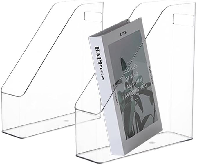 2 Pack Clear Acrylic Magazine File Holder Plastic Desk Organizer with Handle, Acrylic Vertical File Folder Bin Storage File Folders Magazine Rack Document Storage Organizer for Home Office