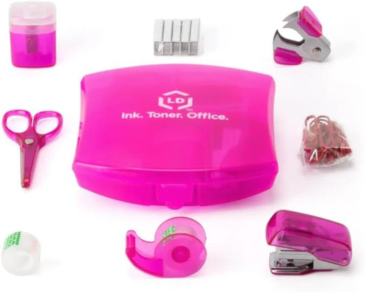 LD Products Pink Mini Office Supply Kit Portable Case with Scissors, Paper Clips, Tape Dispenser Set, Pencil Sharpener, Mini Stapler with Staples and Staple Remover