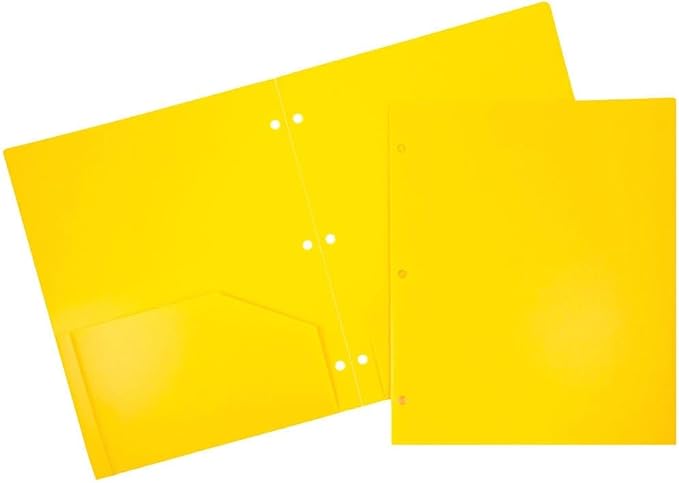JAM PAPER Heavy Duty Plastic 3 Hole Punch Pocket Folders - Extra Tough School Folders - Yellow - Bulk 144/Box