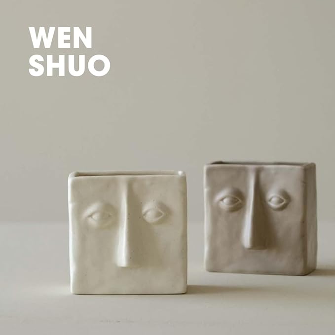 WENSHUO Abstract Square Face Pen Holder, Modern and Minimalistic Desk Accessories (Crème)