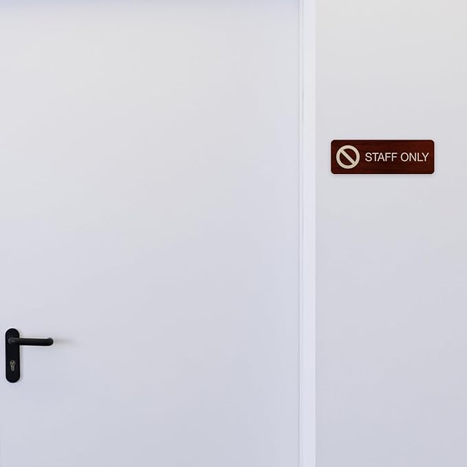 Staff Only Mahogany Sign - 3" x 9" Easy Adhesive Mount Door & Wall Sign/Professional Faux Red Wood Design/Small Business Restaurant Office School Customers Prohibited