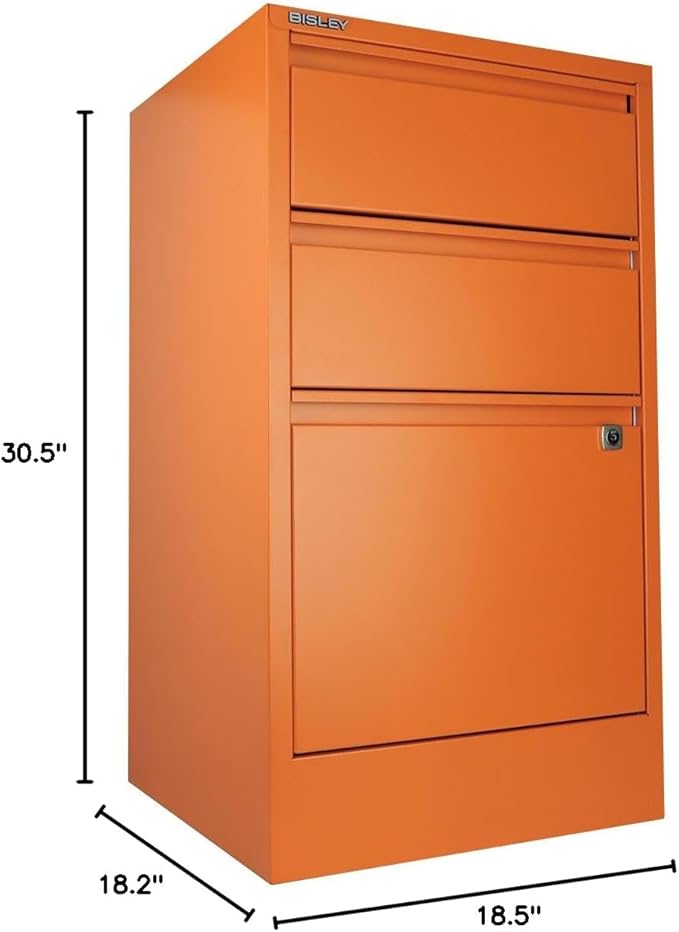 3-Drawer Flush Front Vertical File Cabinet - Bisley Orange, 2 Utility Drawers + 1 Hanging File Drawer, Powder-Coated Steel, Locking Bottom Drawer by Bisley