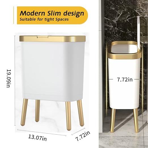 Procade Bathroom Trash Can with Lid, Plastic Garbage Can with Legs, 4 Gallon Gold Trash Bin with Push Button, Narrow White Trash Can Waste Basket for Bedroom, Living Room,Office，Dog Proof Trash Bin