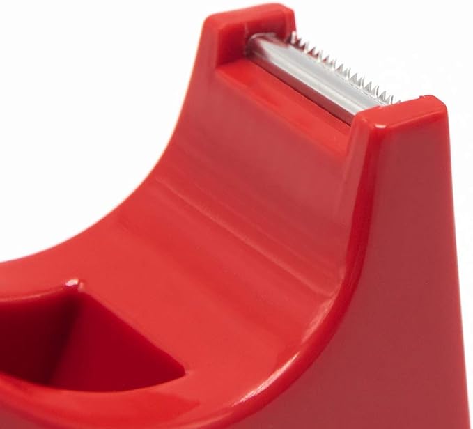 Desktop Tape Dispenser Adhesive Roll Holder (Fits 1" & 3" Core) with Weighted Nonskid Base Red