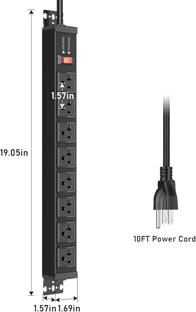 JUNNUJ 20 Amp Power Strip Surge Protector 4800J, Heavy Duty 8 Outlet Metal Multi Angle Mount, 20A Garage Power Strip Shop 6-20R T-Slot, 5-15P Plug 12 Gauge Extension Cord 10ft for Appliance