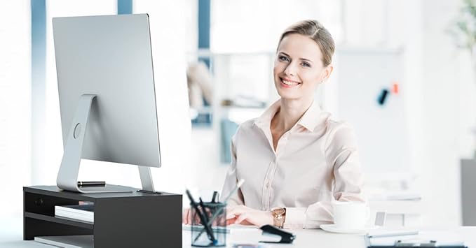 BONTEC Wooden Monitor Stand Riser, 2-Tier Desk Shelf with Storage Organizer, Ergonomic Computer Stand with Cable Management, Cellphone Holder, Black, 16.5 Inch