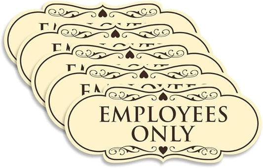Designer EMPLOYEES ONLY Sign | Easy Installation | Office or Business Signs | Workplace Safety - Ivory/Dark Brown - Small (5 Pack)