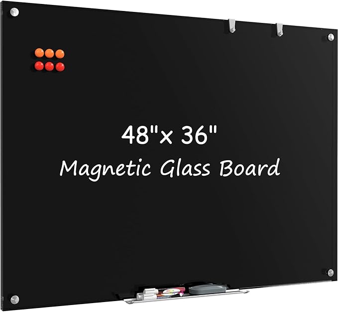 MaxGear Glass White Boards 48x36 Inches, Wall Mounted Magnetic Glass Dry Erase Board Black, Large Frameless Whiteboard with 1 Eraser,3 Markers and 6 Magnets for Office, School, Home