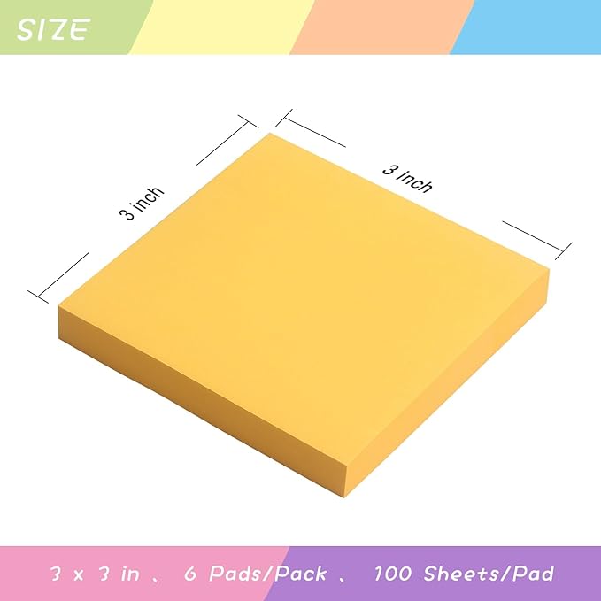 Sticky Notes 3x3 Self-Stick Notes Pads with 6 Bright Colors, Easy to Post for Office, School, Home, 6 Pads/Pack, 100 Sheets/Pad (Orange)
