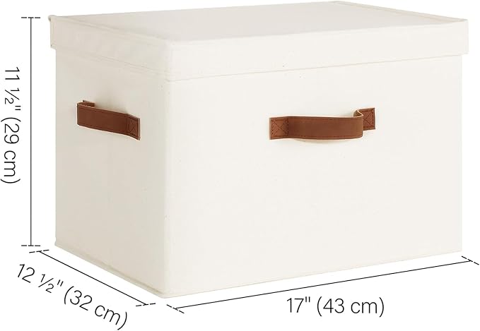 StorageWorks Fabric Storage Bins with Lid, Decorative Storage Boxes for Shelves, Stackable Closet Organizer Basket with Handles, Jumbo, Ivory White, 2-Pack