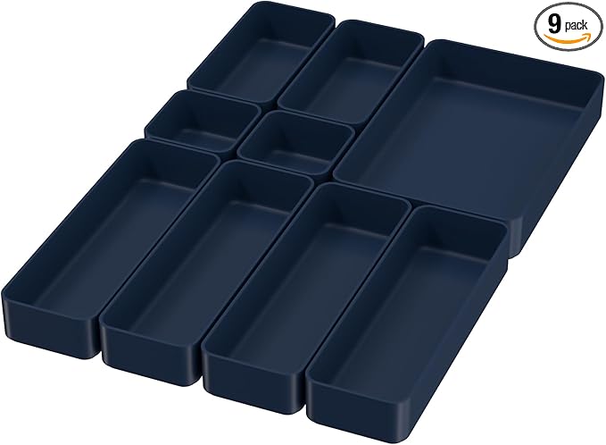 9 Pcs Stackable Drawer Organizer Trays Set, Multifunctional Stackable Storage Trays for Vanity, Bathroom, Kitchen, Desk Drawer Organizer Office. Plastic Drawer Organizers Available In 5 Colours, Blue