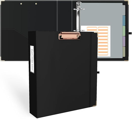 Ospelelf 3 Ring Binder, 2 Inch, Cute Letter Size (11" x 8.5") with 5 Tab Dividers, File Folder Labels and Low Profile Clipboards, Black for School and Office Supplies