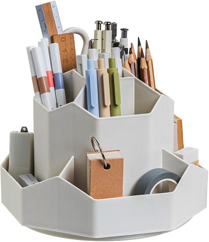 Rotating Art Supply Storage Organizer,Pencil Holder with 9 Compartment, Pen Storage Organizer, for Kids Art Desk, Homeschool Supplies, Home Office Desktop Organizer(Grey)