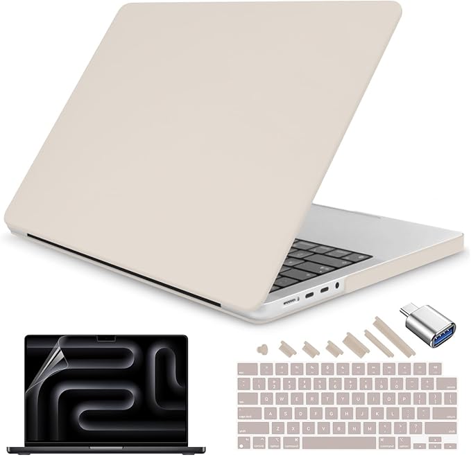 Teryeefi Case Cover for MacBook Pro 16 Inch M4 M3 M2 M1 (2025 2024-2021 Release) A3403 A3186 A2485 A2780 A2991 Model, Matte PC Hard+Keyboard Cover+Screen Protector+Type C Adapter, Beige