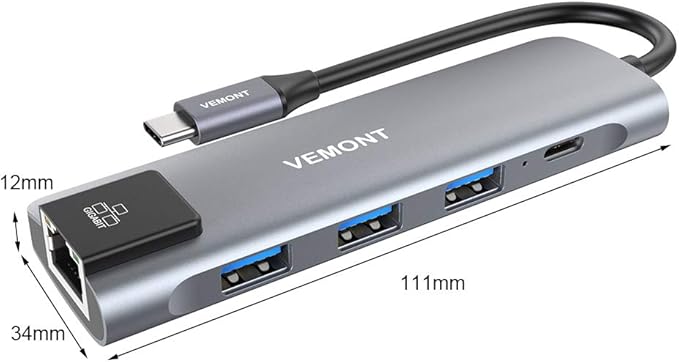 VEMONT USB C hub,5 in1 USB-C hub, Type-c multiport Adapter with Gigabit Ethernet, 3 USB 3.0 hub for Data, 100W Power Delivery, USB c hub for Laptop MacBook/ipad, and Other USB C Devices
