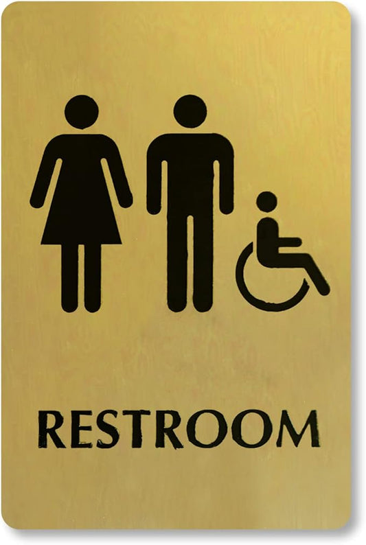 SmartSign 6 x 9 inch Unisex Restroom Sign with Men/Women/Handicap Accessible Wheelchair Pictograms, 40 mil Brass Metal, Engraved, Door/Wall Mount Bathroom Sign, Gold and Black