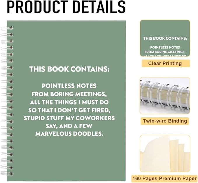 Pointless Notes from Boring Meetings Funny Green Golden Spiral Notebook, Humorous Office Gifts, Gag Gifts for Coworkers, Funny Office Sarcastic Gifts for Coworkers,Team Members, Employees