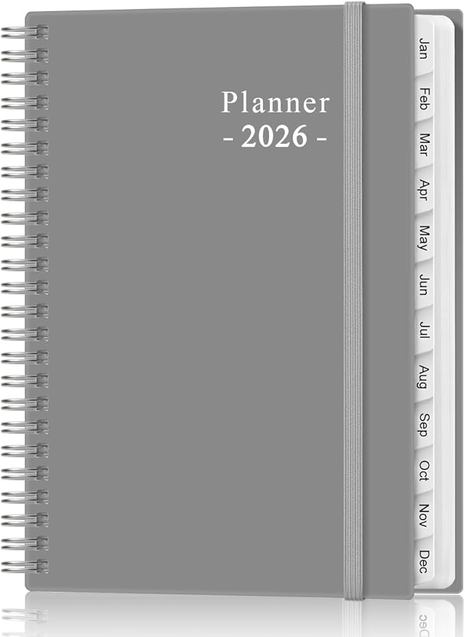 2026 Planner - Planner 2026 from January 2026 - December 2026, Weekly & Monthly Planner Spiral Bound with 12 Monthly Tabs, Inner Pocket, 6.4" x 8.5", Grey-E