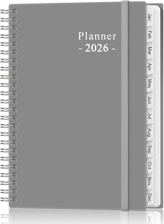 2026 Planner - Planner 2026 from January 2026 - December 2026, Weekly & Monthly Planner Spiral Bound with 12 Monthly Tabs, Inner Pocket, 6.4" x 8.5", Grey-E