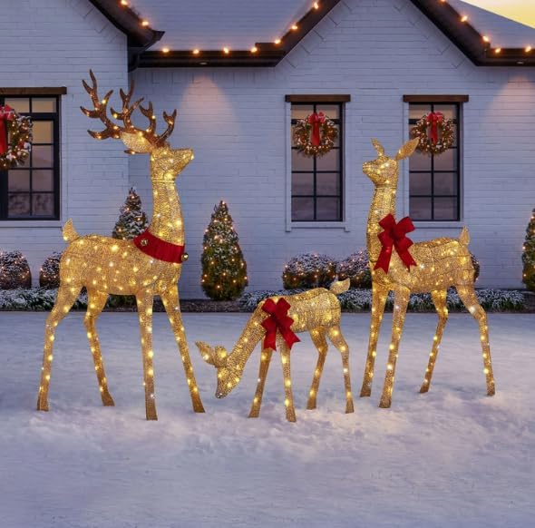 Pre-Lit Animated Deer Family Set of 3 with 360 LED Lights and Head Motion, Indoor Outdoor Christmas Decoration with Twinkle Effect, Yard Stakes and Lead Cord