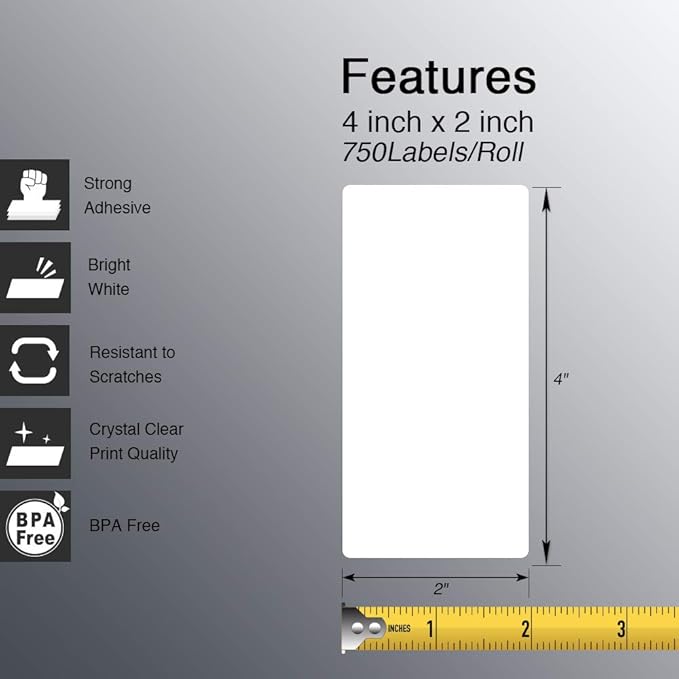 BETCKEY - 4" x 2" (102 mm x 51 mm) Barcode Shipping & Multipurpose Labels Compatible with Zebra & Rollo Label Printer,Premium Adhesive & Perforated [1 Rolls, 750 Labels]