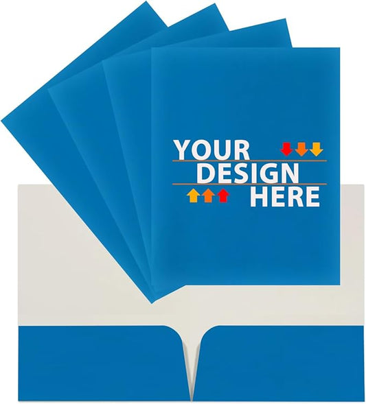 JAM PAPER Custom Printed Semi-Gloss Folders with Round Corner Pockets - Personalized Logo & Text - 12pt C1S - Blue - 100/Pack
