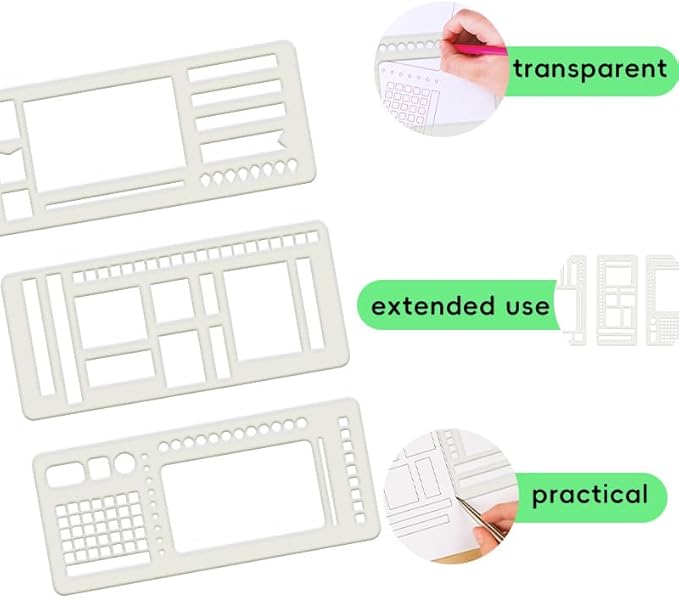 Handmade Flexible Record Template, 3 Pack Flexible Journal Stencil Set, Reusable Flexible Record Template, Planner Stencil Set for Dot Grid Journals, Versatile Drawing Templates Kit (C)