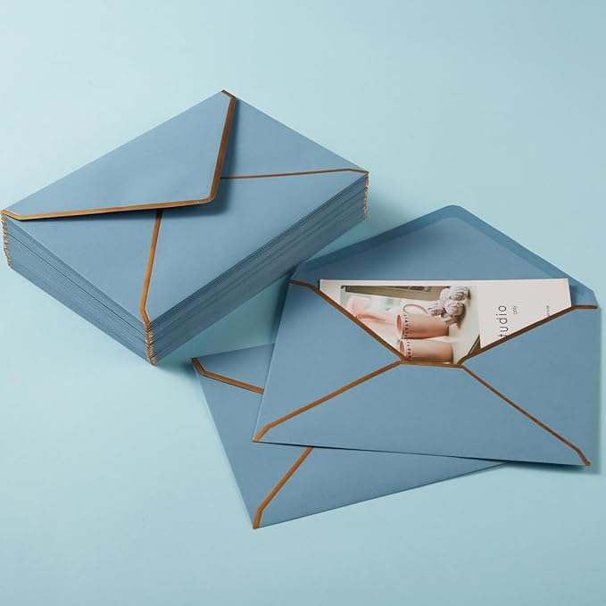 100 Pack A7 Envelopes 5 x 7 Envelopes with Gold Border for Office, Wedding Gift Cards, Invitations, Graduation, Baby Shower, Parties (Dusty-Blue, 5.32 x 7.28 Inches)
