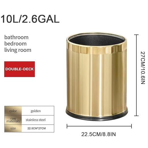 2.6Gallon/10L Brass Gold Bathroom Trash Can - Gold Waste Basket for Bedroom, Office, Store - Metal Trash Bin Without Lid