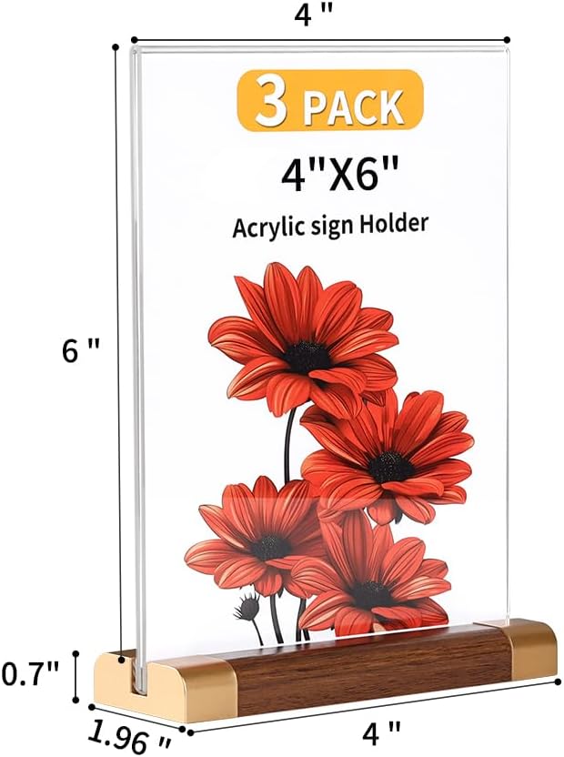 Acrylic Sign Holder 4"x 6" with Wood-Color Base, Mini Tabletop Double-Sided Display Sign Frame Vertical Clear for Store/Coffee Shop/Restaurant Menu Hotel/Office Display Holder, 3 Pack T Shape