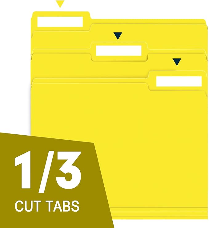 File Folder, RAZCC 100 Pack 1/3 Cut Tab File Folders Letter Size, Yellow, Folders with Tab, Great for Organizing and Easy File Storage