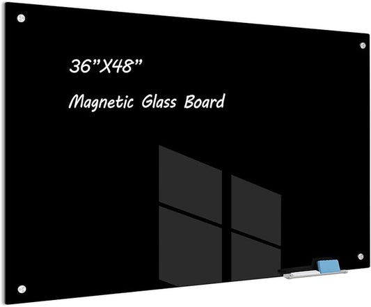 Magnetic Glass Whiteboard 48" x 36" Dry Erase Board Frameless Premium Tempered Galssboards Wall Mounted Glossy writeboard with Eraser, Marker Tray for Interactive Office, (Black)
