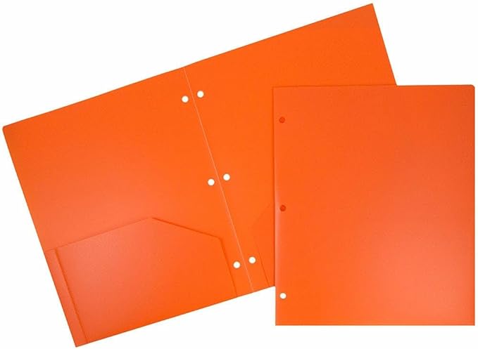 JAM PAPER Heavy Duty Plastic 3 Hole Punch Pocket Folders - Extra Tough School Folders - Orange - Bulk 48/Pack