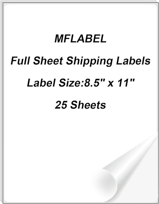 MFLABEL Full Sheet Sticker Labels, Address Labels, White Matte Label Paper, 8-1/2" x 11" Shipping Labels for Laser & Inkjet Printer (25 Labels, 25 Sheets)